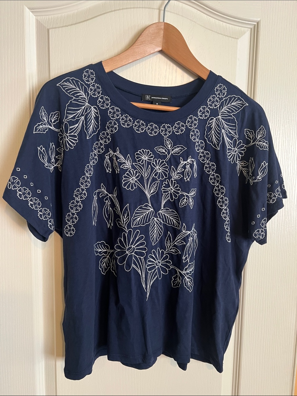 INC International Concepts Navy Blue Floral Stitch-Detail Tee